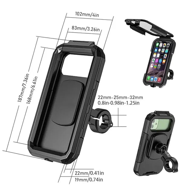 Black phone mount with dimensions and smartphone display on a white background