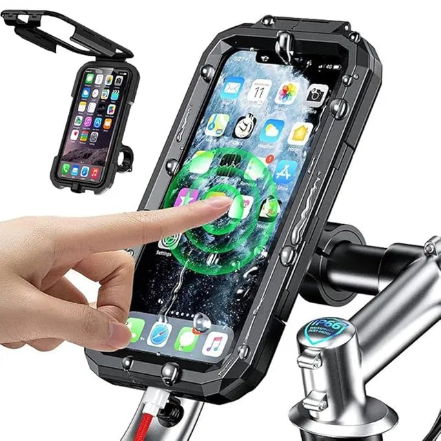 Phone mount with a smartphone displaying app icons, held by a hand on a white background.